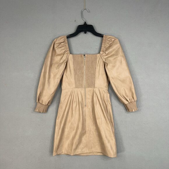 7 For All Mankind Dress Womens XS Tan Faux Leather Square Neck Puff Sleeve Mini - Picture 8 of 14